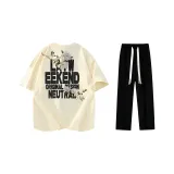 Комплект одежды (Бежевая футболка с черным логотипом + черные повседневные штаны)