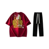 Комплект одежды (Благородный красный и желтый логотип футболка + черные повседневные штаны)