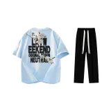 Комплект одежды (Светло-синяя футболка с черной этикеткой + черные повседневные штаны)