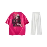 Комплект одежды (Розовый, Красный, Черный логотип, футболка + Белый, Фотиния, Серый, повседневные штаны)