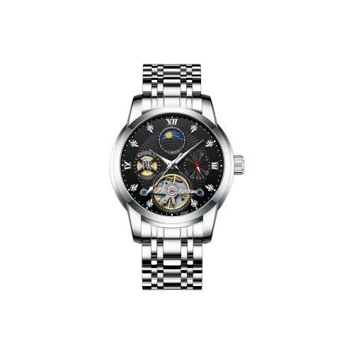 WSK Механический механизм ремешок из нержавеющей стали мужские часы черный циферблат