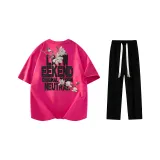 Комплект одежды (Розовый, Красный, Черный логотип, футболка + Черные повседневные штаны)