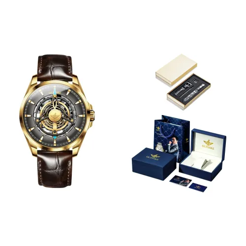 Oupinke Sky Eye Collection Механическое механическое часы с кожаным ремешком черный циферблат мужские часы