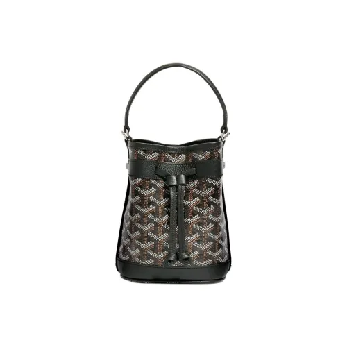 GOYARD Petit Flot Goyardine Холст с Chevroches Телячья кожа Ведрообразная сумка Сумка на одно плечо Мини Женская Черная