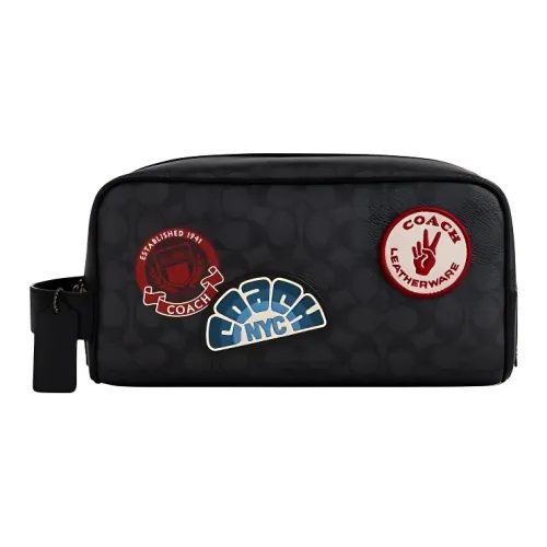 COACH Travel Kit Покрытый холст Косметичка Большая Унисекс Угольный Многоцветный