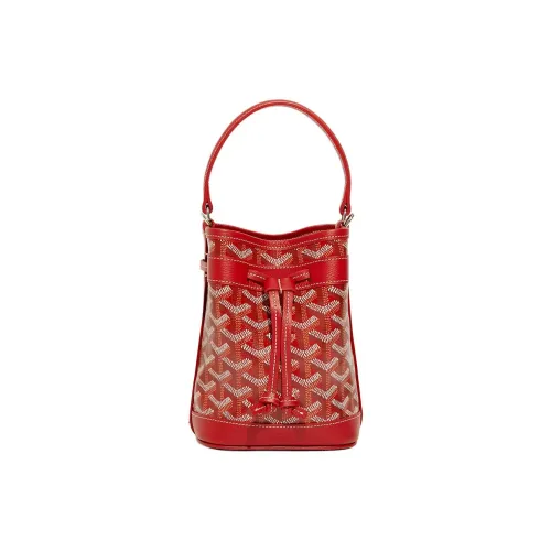 GOYARD Petit Flot Goyardine Холст с Chevroches Телячья кожа Ведрообразная сумка Сумка на одно плечо Мини Женская Красная