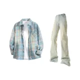 Синие клетчатые + желтые грязные штаны