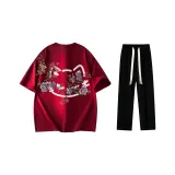 Комплект одежды (Благородный красный футболка + черные повседневные штаны)