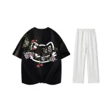 Комплект одежды (Черная футболка + Белые штаны с серым фотинией, повседневные штаны)