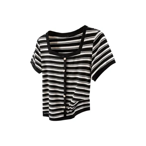 SIBAISHE Черный Абрикос Полосы Женские T-Рубашки