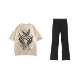 Светлый бежевый абрикосовый топ + черные штаны