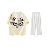 Комплект одежды (Бежевая Желтая Футболка + Белые Серые Фотиния Повседневные Штаны)