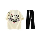 Комплект одежды (Бежевая Желтая Футболка + Черные Повседневные Штаны)