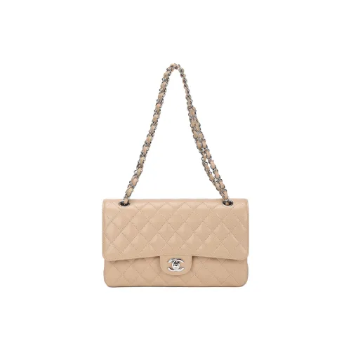 CHANEL Classic Flap CF С рельефом Тисненый Зернистая кожа личи Коровья кожа Сумка с клапаном Сумки через плечо Сумка на плечо Женская Бежевая