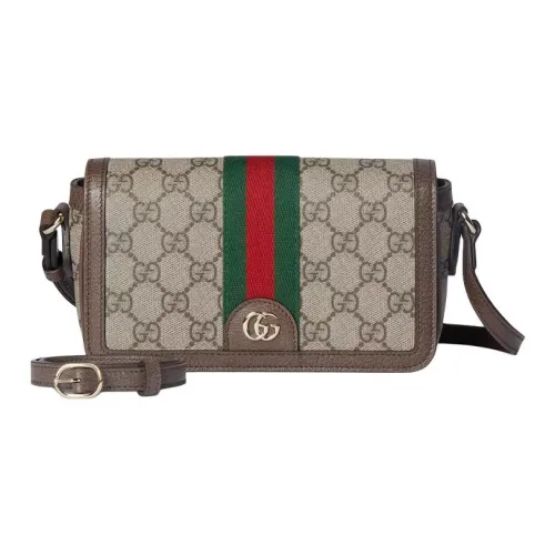 GUCCI Ophidia Холст и Кожа Сумка через плечо Мини Женская Бежевая и Темно-Коричневая
