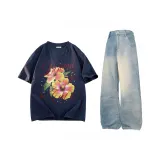 Комплект одежды (Темно-синий топ + Винтажные синие штаны)