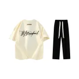 Комплект одежды (Бежевая Желтая Футболка + Черная Молния + Черные Повседневные Штаны)