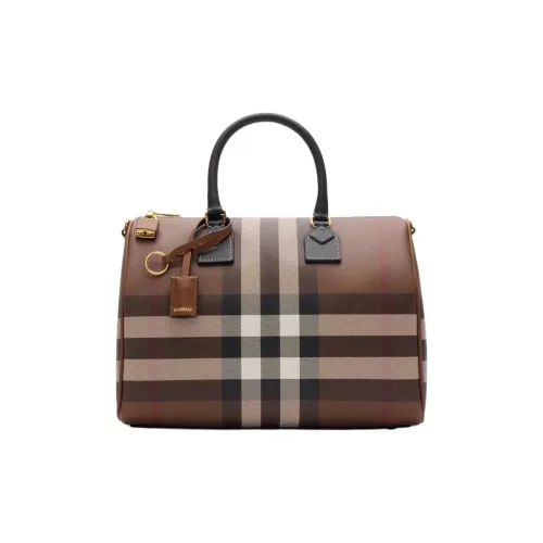 Burberry Сумка-боулинг В Клетку, Средний Размер Круглые Кожаные Ручки Регулируемый Съемный Наплечный Ремень Застежка-молния