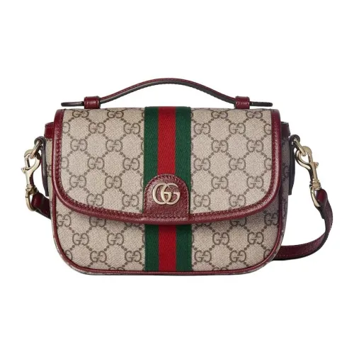 GUCCI Ophidia Холст Одно Плечо Сумка Маленькая Женская Бежевая и Бордовая