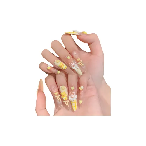 Suiyiie Handcrafted False Nail Beautiful Замок Edge Милый стиль Девичий Nail Art Длинный Желтый Румяна Stain Мультяшный