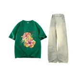 Комплект одежды (Топ из яшмы + Штаны желтого цвета с эффектом грязи)