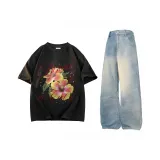 Комплект одежды (Черный топ + Винтажные синие штаны)