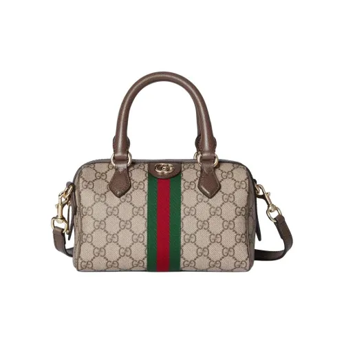 GUCCI Ophidia Холст и Кожа Бостон Сумка Сумка через плечо Маленькая Женская Бежевая Коричневая