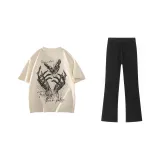 Кремовый абрикосовый топ + черные штаны