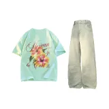 Комплект одежды (Мятно-зеленый топ + Желтые грязные штаны)