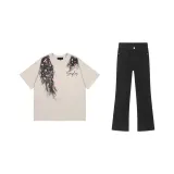 Светлый бежевый абрикосовый топ + черные штаны