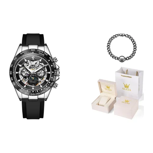 OLEVS Механические часы с силиконовым ремешком черный циферблат мужские часы