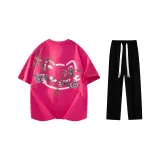 Комплект одежды (Розовая и красная футболка + черные повседневные штаны)