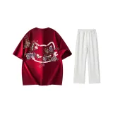 Комплект одежды (Благородный красный футболка + Белые серые вересковые повседневные штаны)