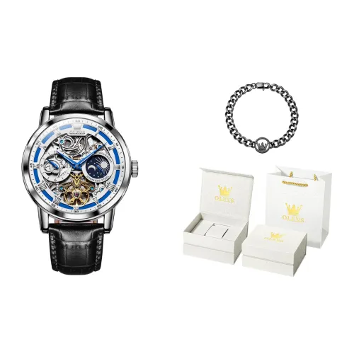 OLEVS Play The Cool Series Механическое механическое часы с кожаным ремешком Мужские часы Черный циферблат