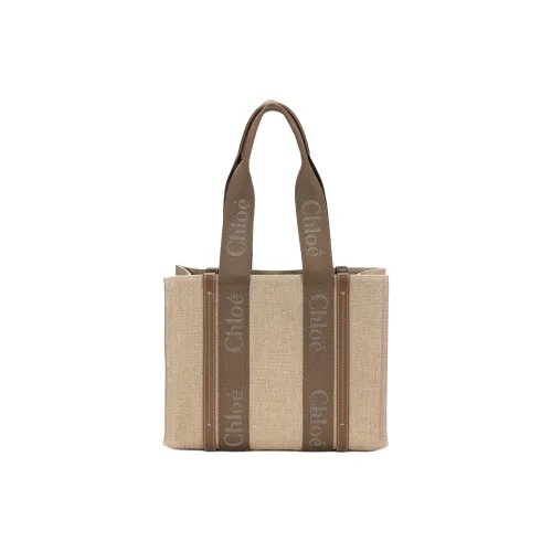 Chloe Woody Linen Calfskin Tote Bag Shopping Bag Shoulder Bag Handbag Medium Women's Deep Nut