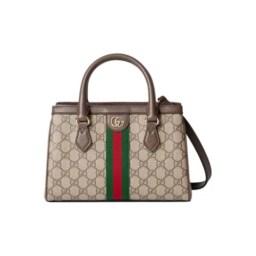 GUCCI Ophidia Холст Тоут Сумка Сумка для покупок Сумка Маленькая Женская Бежевая и Темно-коричневая