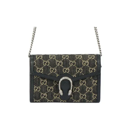 GUCCI Dionysus Denim Jacquard Fabric Leather Insert Chain Wallet Crossbody Bag Shoulder Bag Women's Black