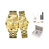Золотистый тон Пара Наручные часы 1 пара [Браслет + Ожерелье + Кожаный ремешок + Коробка]