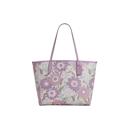 COACH Городская Сумка Tote из Покрытого Холста Сумка для покупок Сумка через плечо Большая Женская Фиолетовая и Многоцветная