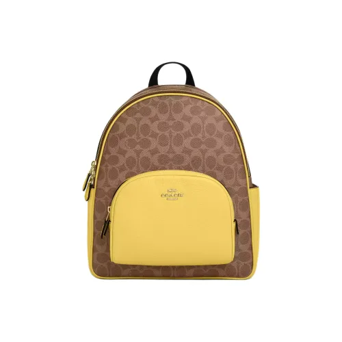 COACH Court Покрытый холст Рюкзак Большой Женский Коричневый Желтый