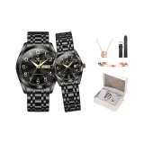 Все Черный Пара Часы 1 Пара [Браслет + Ожерелье + Кожаный Ремешок + Коробка]