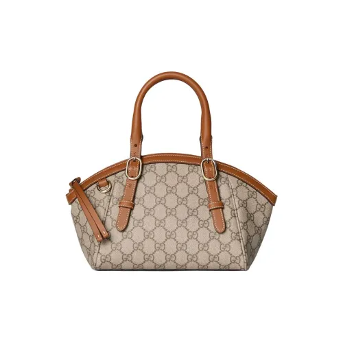 GUCCI GG Emblem Кожаная отделка Сумка Маленькая Женская Бежевая и Коричневая