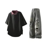 Чёрный топ + винтажные синие штаны