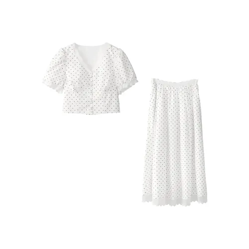 Fstudio Летний Корейский стиль Элегантность 100% хлопок V-образный вырез Топ с длиной до середины Комплект с юбкой Женский