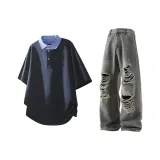 Синий топ + винтажные синие штаны