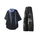 Синий топ + черные штаны