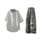 Белый, Фотиния, Серый, Топ + Винтажные Синие Штаны