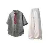 Черная рубашка с коротким рукавом + белые штаны Фотиния серого цвета