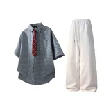 Светло-серая рубашка с коротким рукавом + бело-серые штаны Фотиния