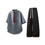 Светло-серая рубашка с коротким рукавом + черные штаны